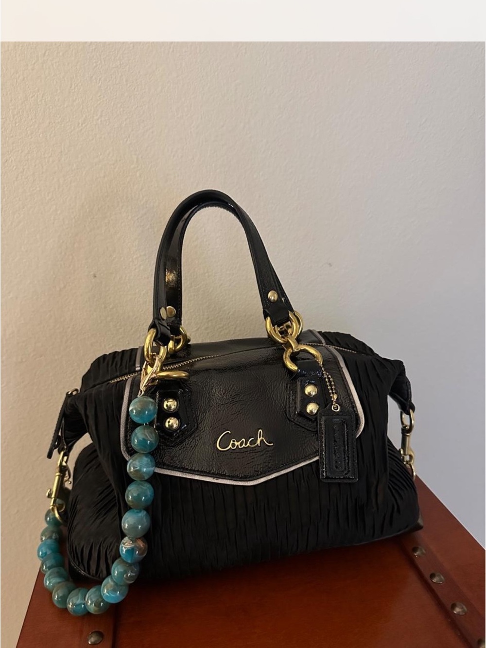 Coach Black Satchel with Teal Beaded Strap and Gold Hardware